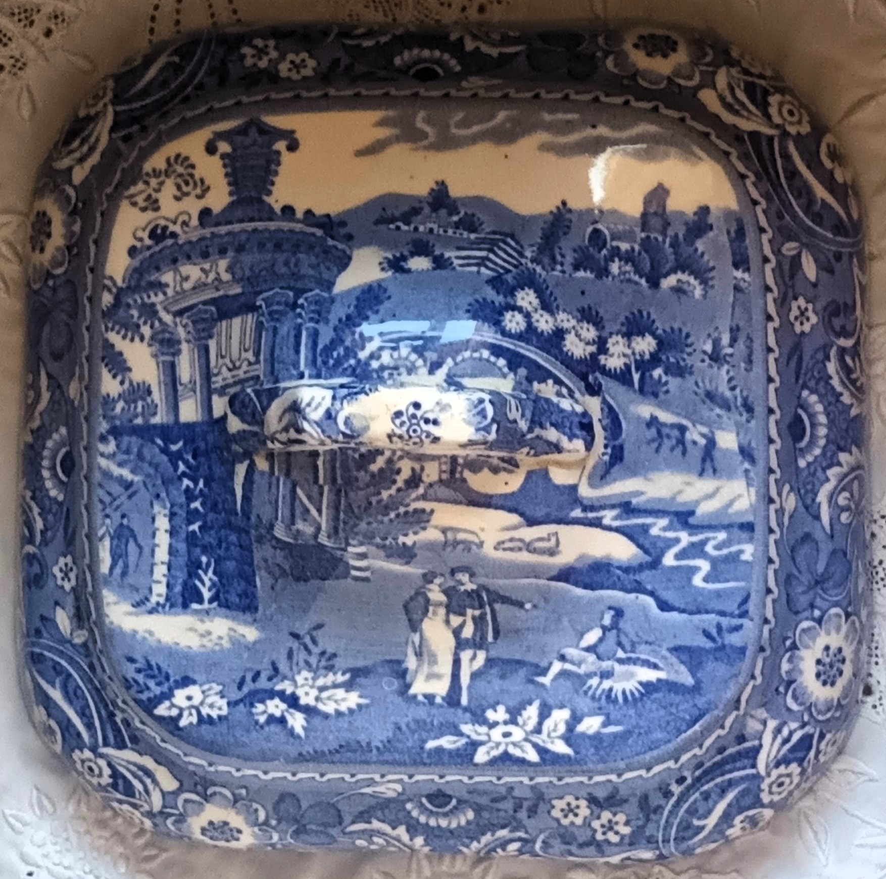 Pair of Antique English Blue & White Transfer Tureen Covers ~ "Landscape"  ~ Midwinter - Image 3
